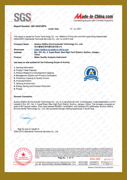 चीन Suzhou Delfino Environmental Technology Co., Ltd. प्रमाणपत्र